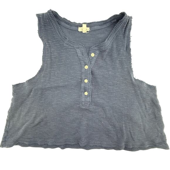 Aerie Distressed Henley Tank Top Womens M Blue Cropped Lounge Casual Fall Layer - Picture 1 of 3